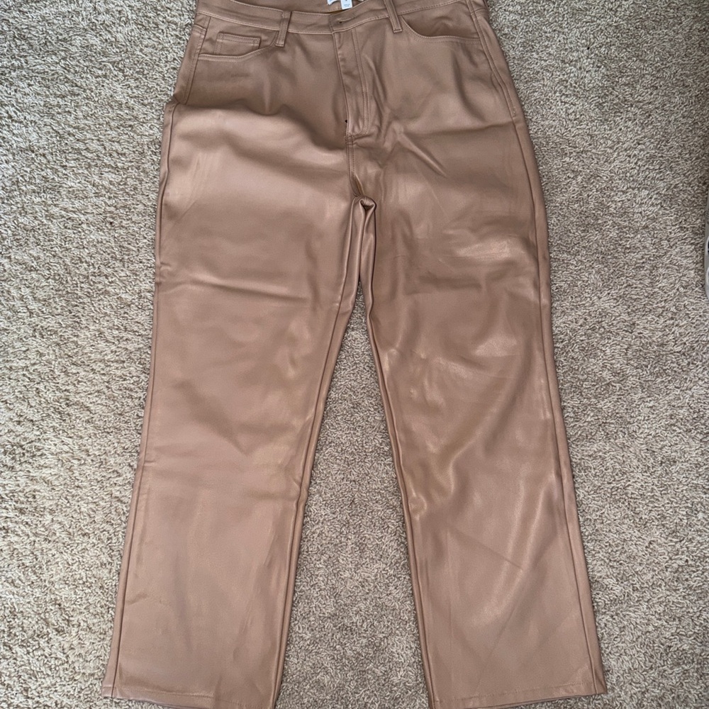 Faux Leather Straight-Leg Pants in Camel